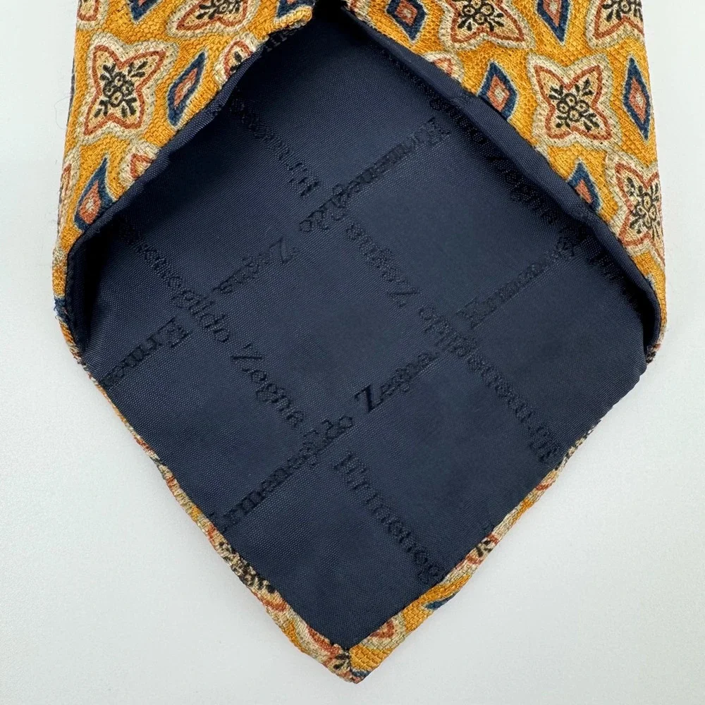 Ermenegildo Zegna 100%‎ Silk Tie Geometric Floral Print Yellow Blue Italy Mens